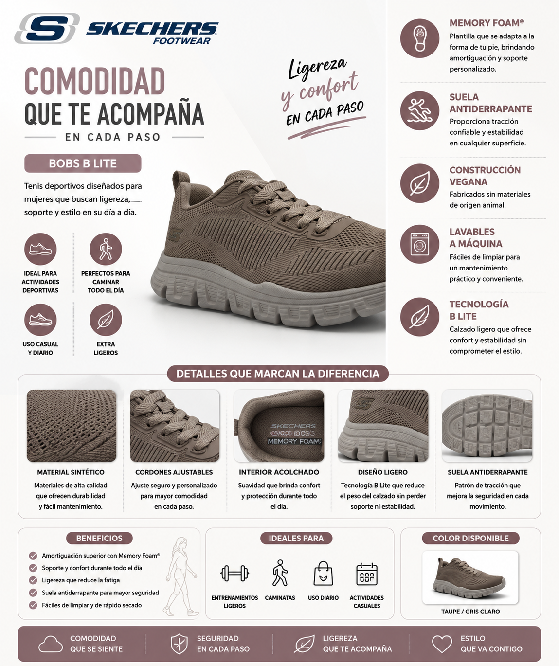 Tenis Skechers Bobs B Lite Comodidad Memory Foam Mujer 117700