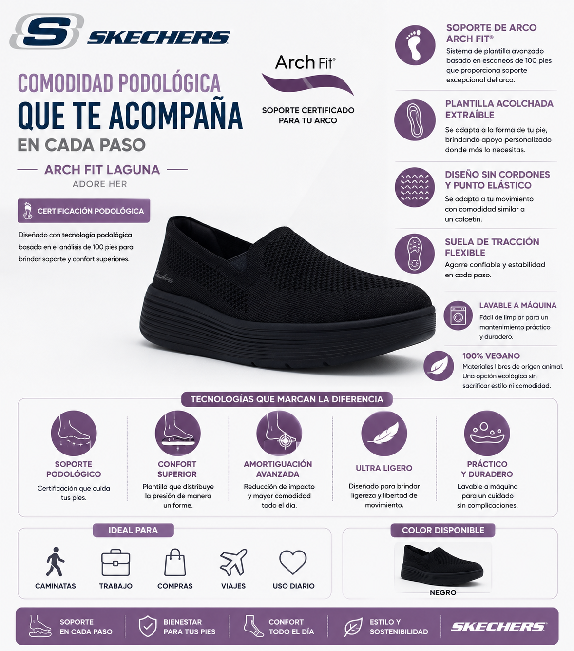 Tenis Skechers Arch Fit Laguna Adore Her Sin Cordones Elastico Mujer 159089