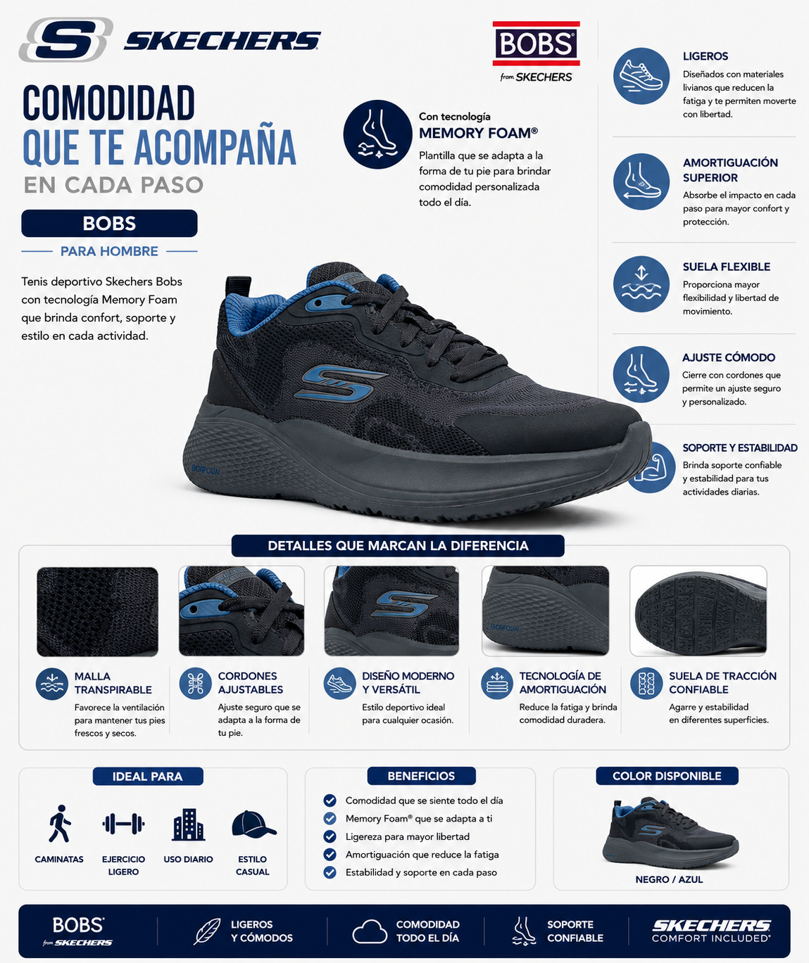 Tenis Skechers Bobs Memory Foam Comodo Flexible  Hombre 22016MX