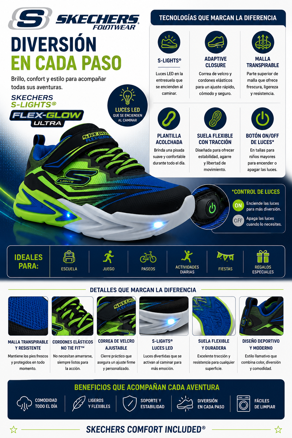 Tenis Skechers Flex-Glow Ultra Luces Velcro Elasticos Niño 400139L