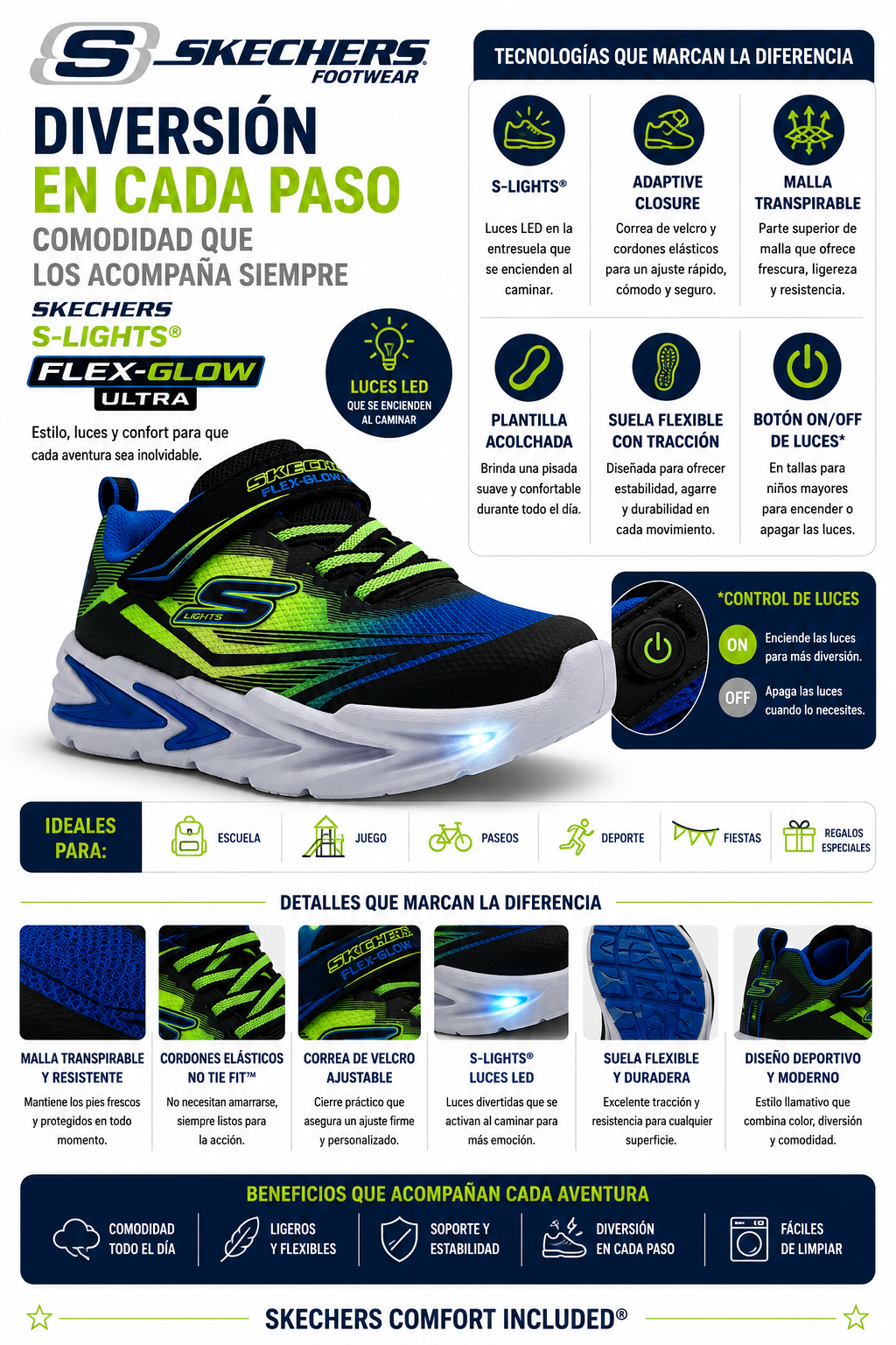Tenis Skechers Flex-Glow Ultra Luces Velcro Elasticos Niño 400139N