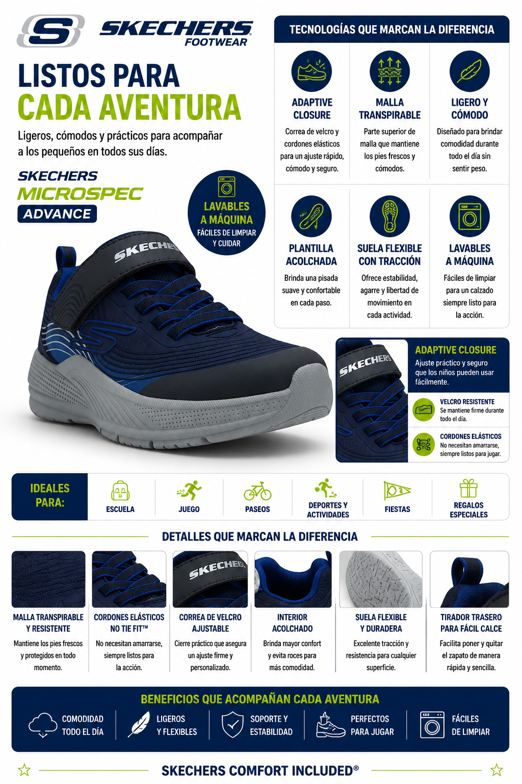 Tenis Skechers Microspec Advance Velcro Ajuste Elastico Niño 403926L