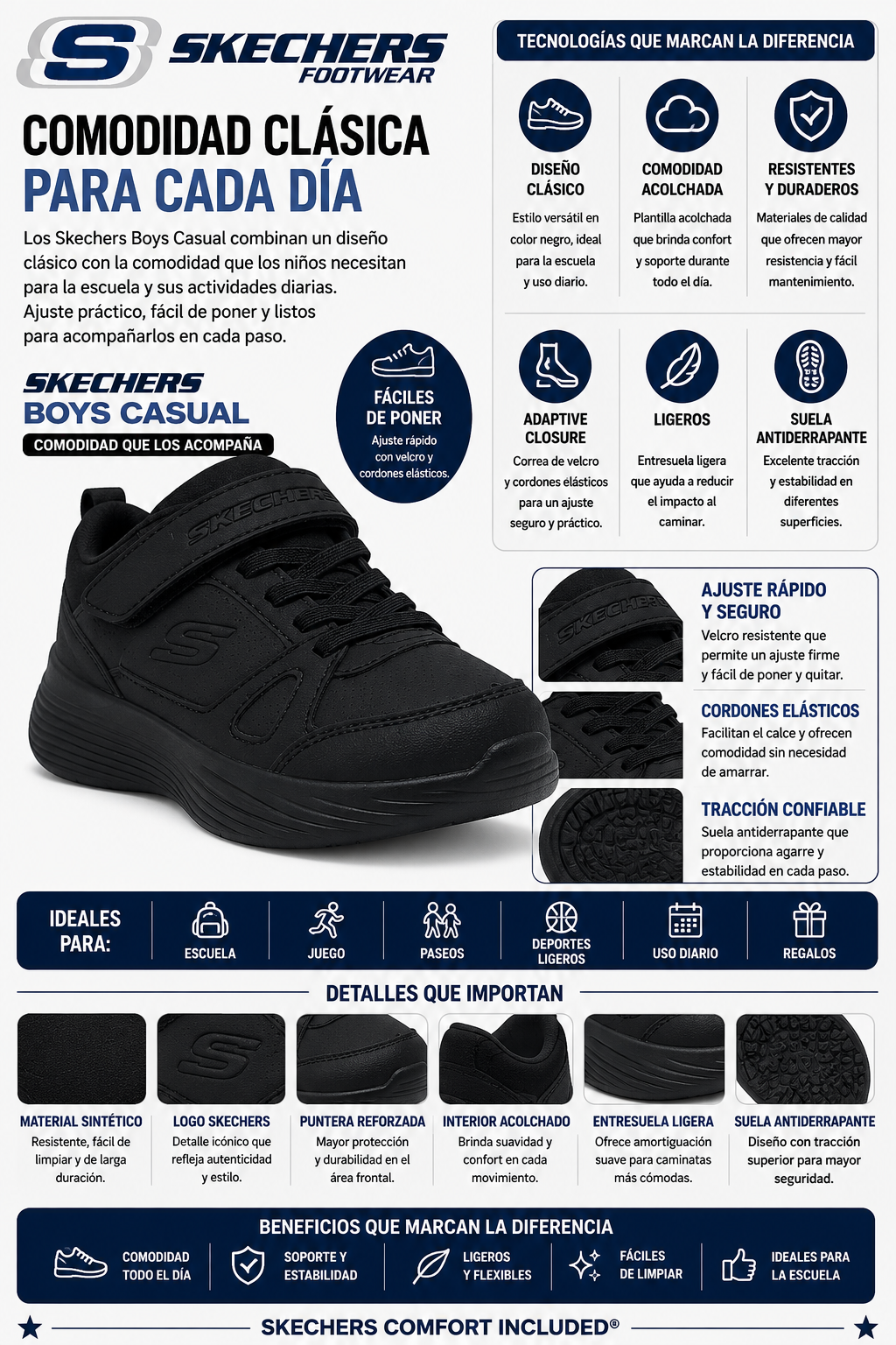 Tenis Skechers Boys Casual Velcro Antiderrapante Comodo Niño 405086lx