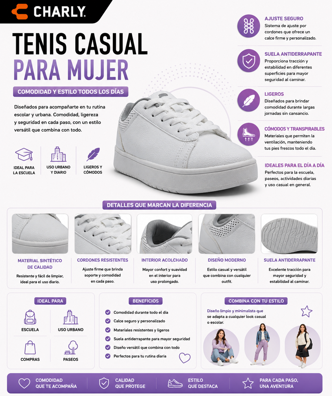 Tenis Charly Escolar Urbano Casual Mujer 43038