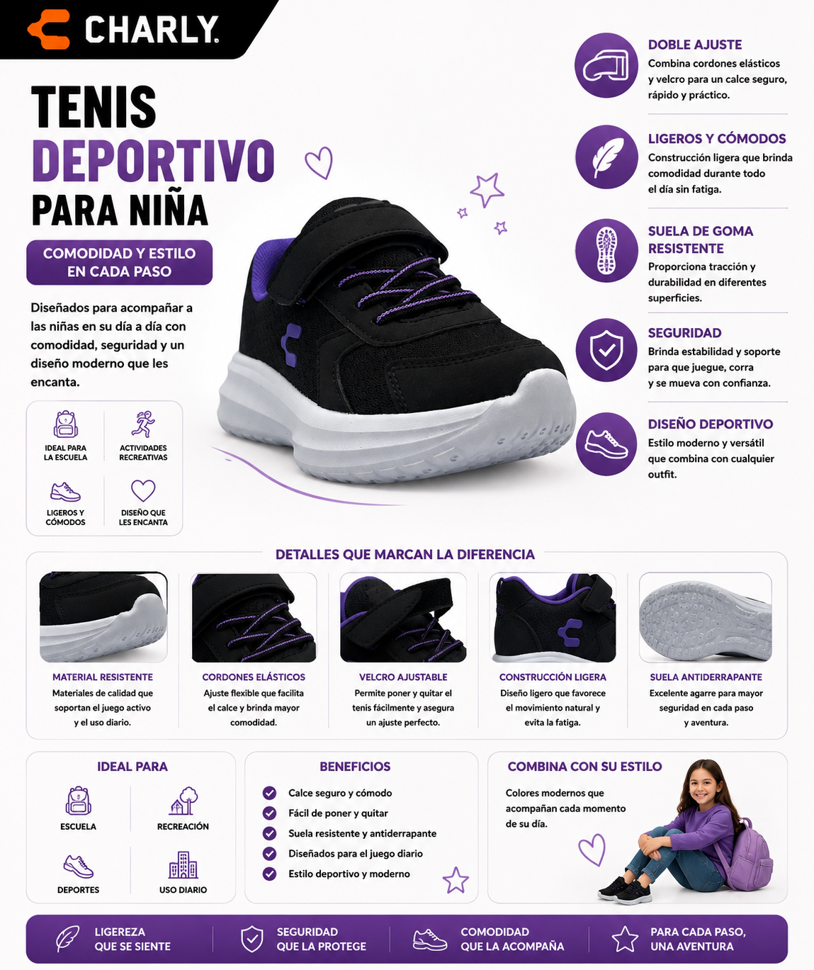Tenis Charly Sport Velcro Ligero Comodo Niña 65608