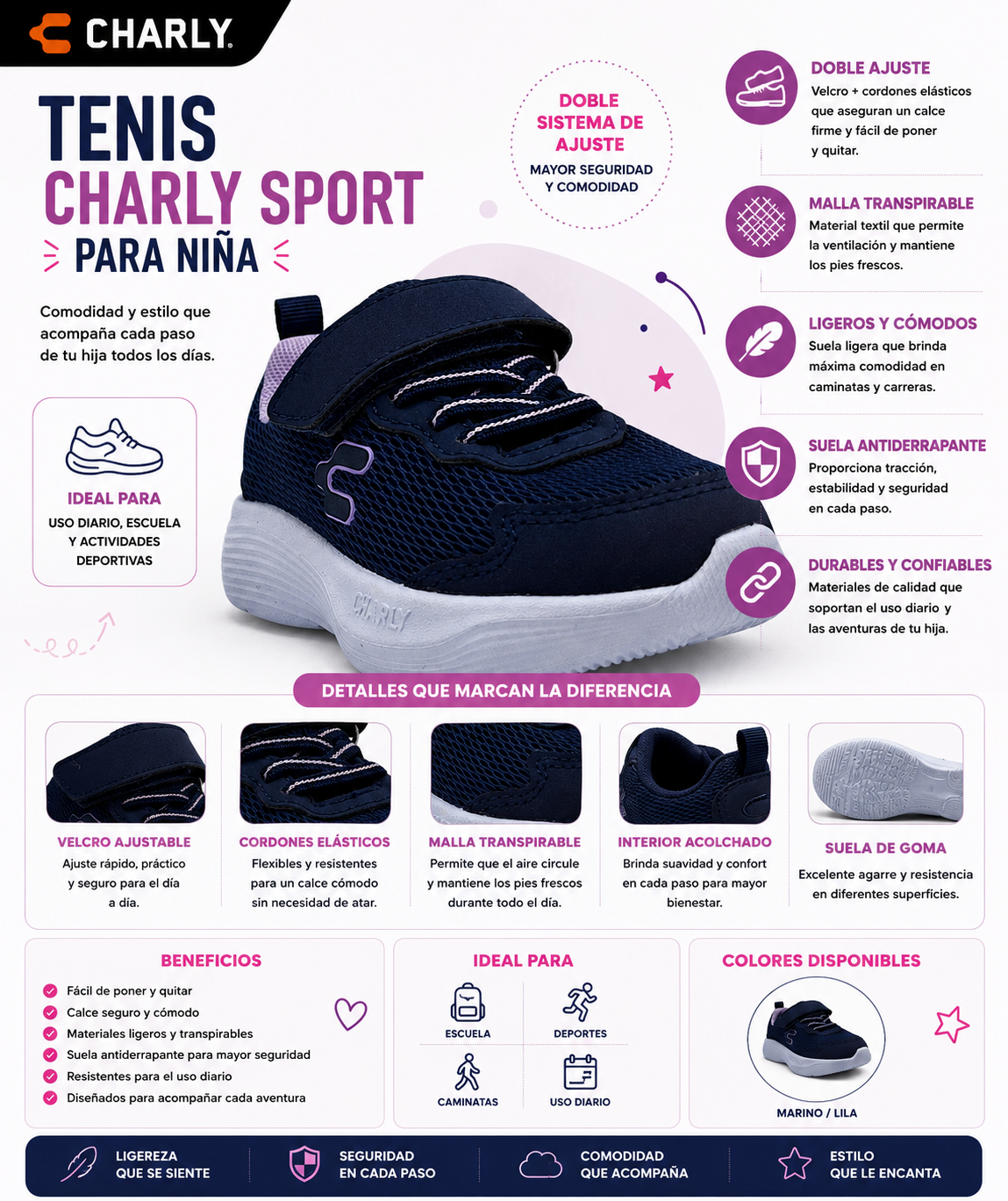 Tenis Charly Sport Vlecro Ligero Antiderrapante Niña 65612