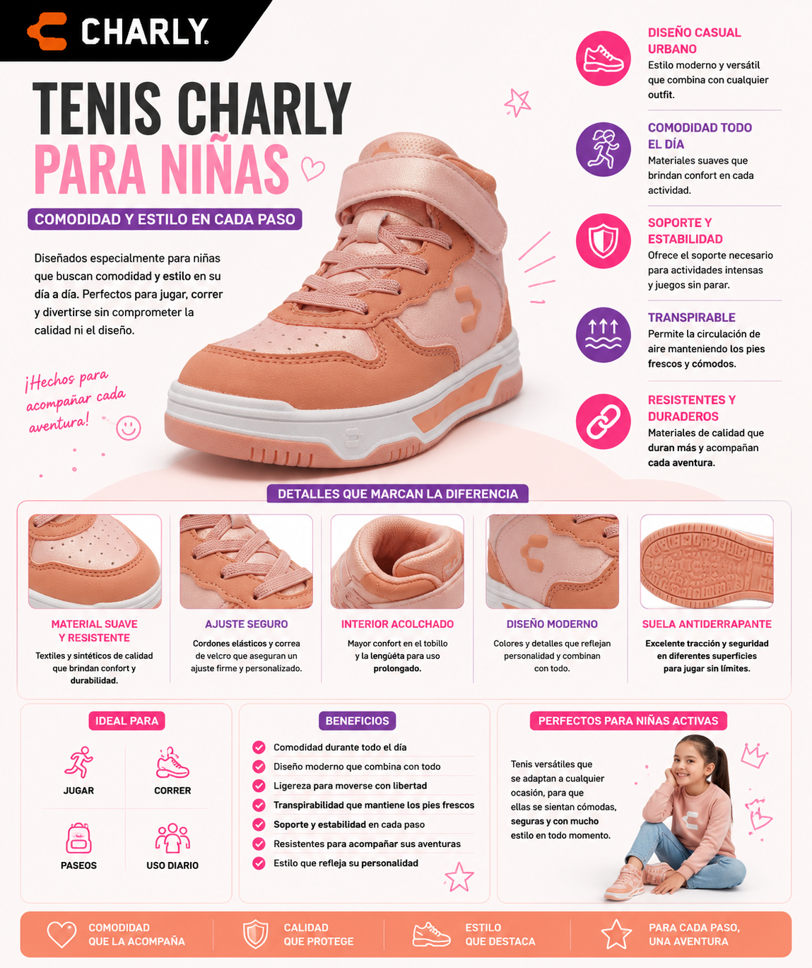 Tenis Charly Luces Comodidad Jugar Correr Velcro Niña 79432