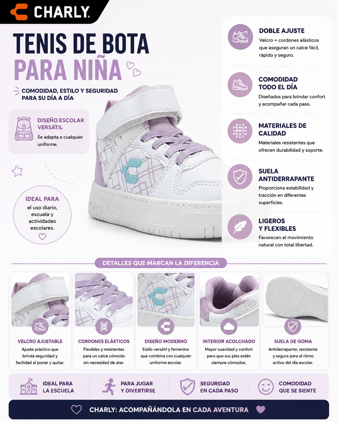 Tenis Charly Bota Velcro Urbano Escolar  Niña 79434