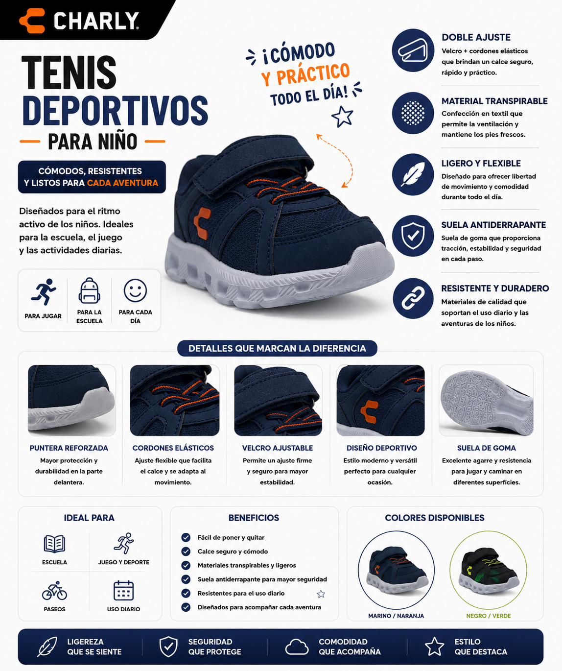 Tenis Charly Elasticos Flexible Durabilidad Sport Niño 65525