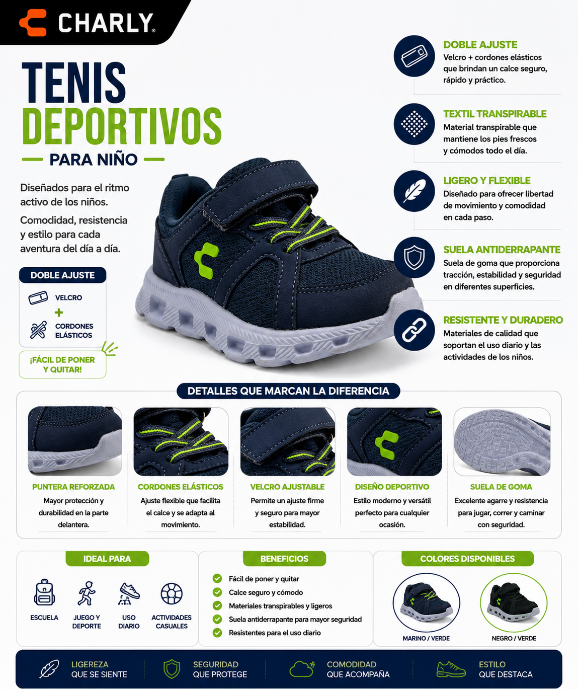 Tenis Charly Elasticos Flexible Durabilidad Sport Niño 65525