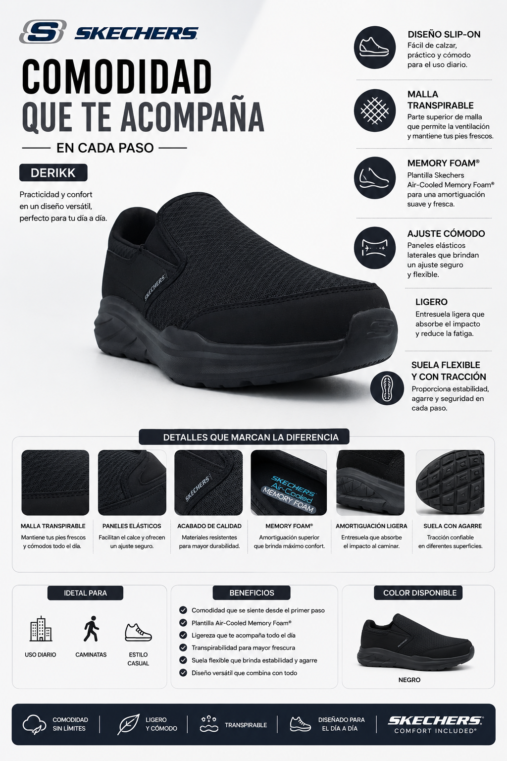 Tenis Skechers Derikk Air-Cooled Memory Foam Comodidad Hombre 233104