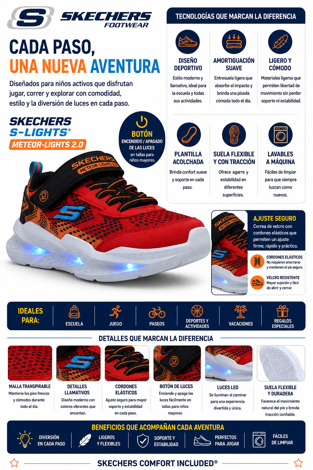 Tenis Skechers Meteor-Lights 2.0 Luces Velcro Casual Niño 401490L