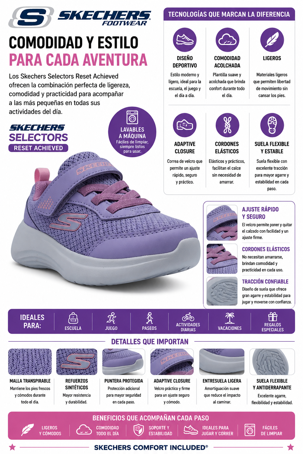 Tenis Skechers Reset Achieved Velcro Sport Comodo Niña 303573N